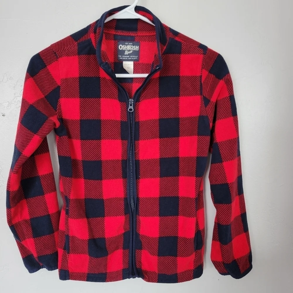 Oshkosh Big Boys 12 Red Navy Blue Check Plaid Full Zip Fleece Jacket Fall Winter